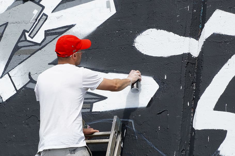 graffiti, sprayer, wall, artists, cap, red, one person, wall - building feature HD wallpaper