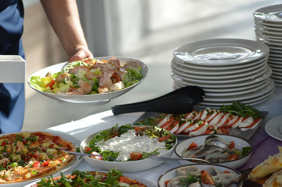 assorted dishes on platters, salad, table, brunch, setting HD wallpaper