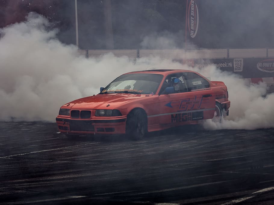 red BMW 3 series E36 coupe drifting, Fast, Speed, Drift, Car