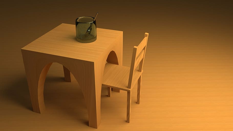 table, cgi, wood, wood - Material, furniture, indoors, seat HD wallpaper