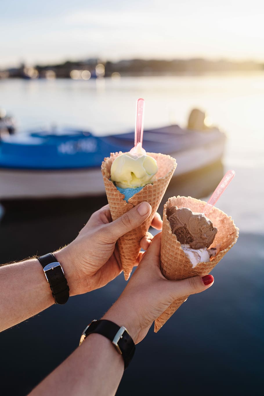 Man and Woman Holding Ice Creams, summer, sweet, vacations, delicious