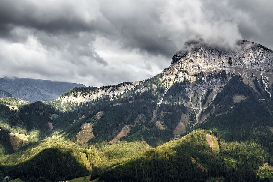 mountains, clouds, weather, cliff, nature, landscape, highlands HD wallpaper