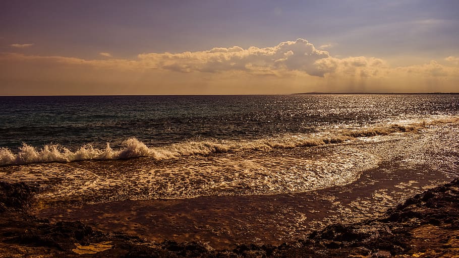 sea waves, Coast, Beach, Clouds, Horizon, seascape, afternoon HD wallpaper