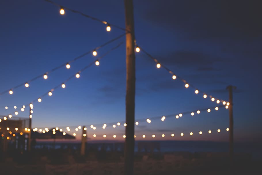 turned-on string lights, blue, bokeh, bulb, bulbs, decoration HD wallpaper