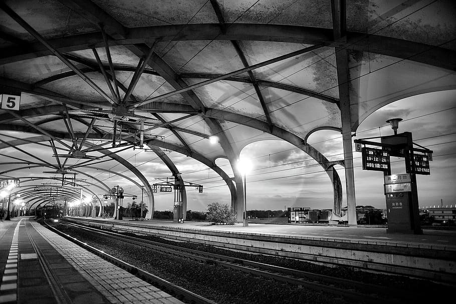 Grayscale Architectural Photography of Empty Train Station, architecture, HD wallpaper