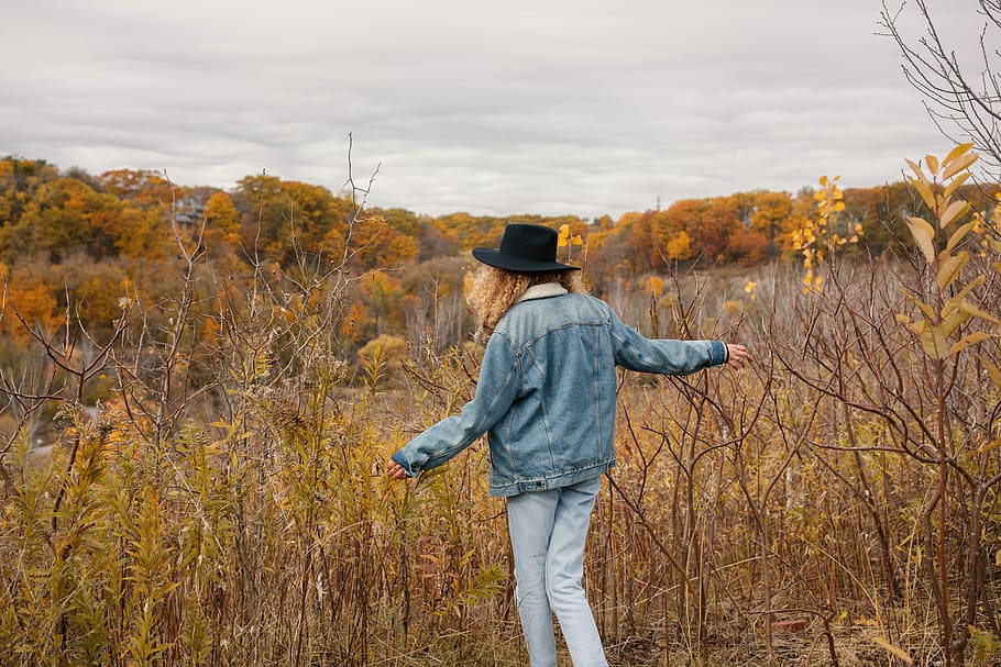 woman wearing blue jacket walking towards the brown grass, woman facing backwards HD wallpaper