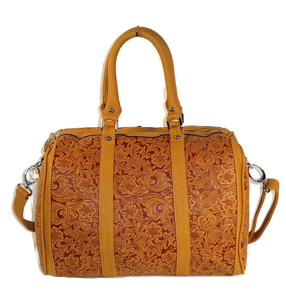 brown leather floral 2-way handbag, purse, fashion, female, style, HD wallpaper
