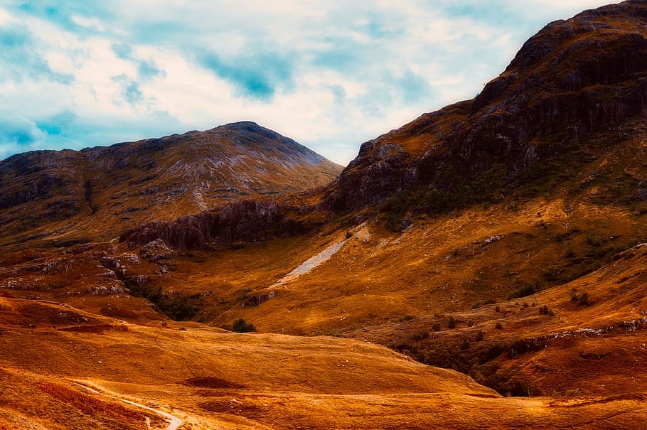 scotland, landscape, sky, clouds, mountains, valley, highlands HD wallpaper