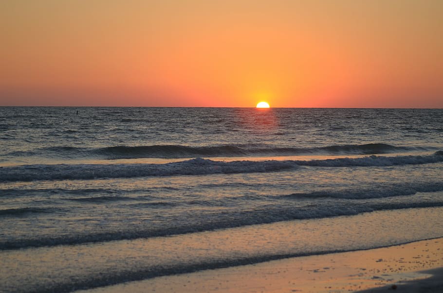 sunset, beach, sky, vacation, water, coast, horizon, tropical HD wallpaper