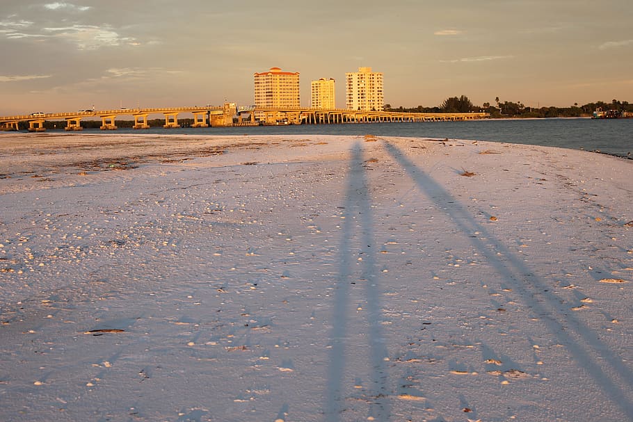 sunset, fort, meyers, beach, shadows, built structure, architecture HD wallpaper