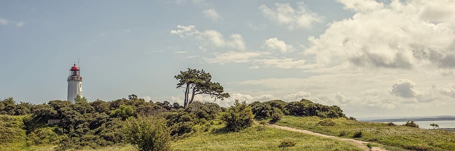 white lighthouse near trees, the island of hiddensee, holiday, HD wallpaper