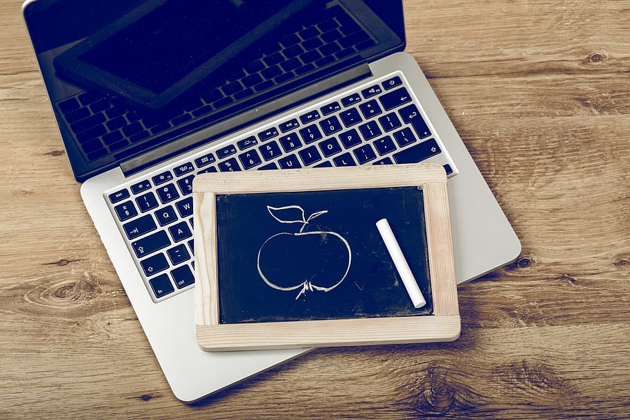 chalkboard with brown frame on Macbook Pro, wooden, desk, apple HD wallpaper