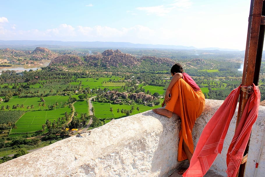 India, Hampi, Temple, Monk, Landscape, meditation, women, nature HD wallpaper