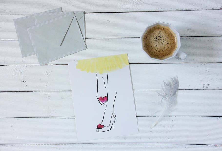 stiletto shoes sketch beside coffee cup, photo, envelope, Drawing HD wallpaper