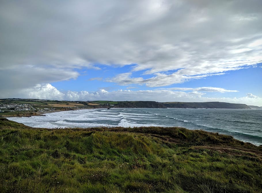sea, waves, tide, coast, sky, horizon, cornwall, widemouth bay HD wallpaper