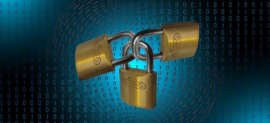 three brass-colored Burg padlocks artwork, matrix, binary, security HD wallpaper