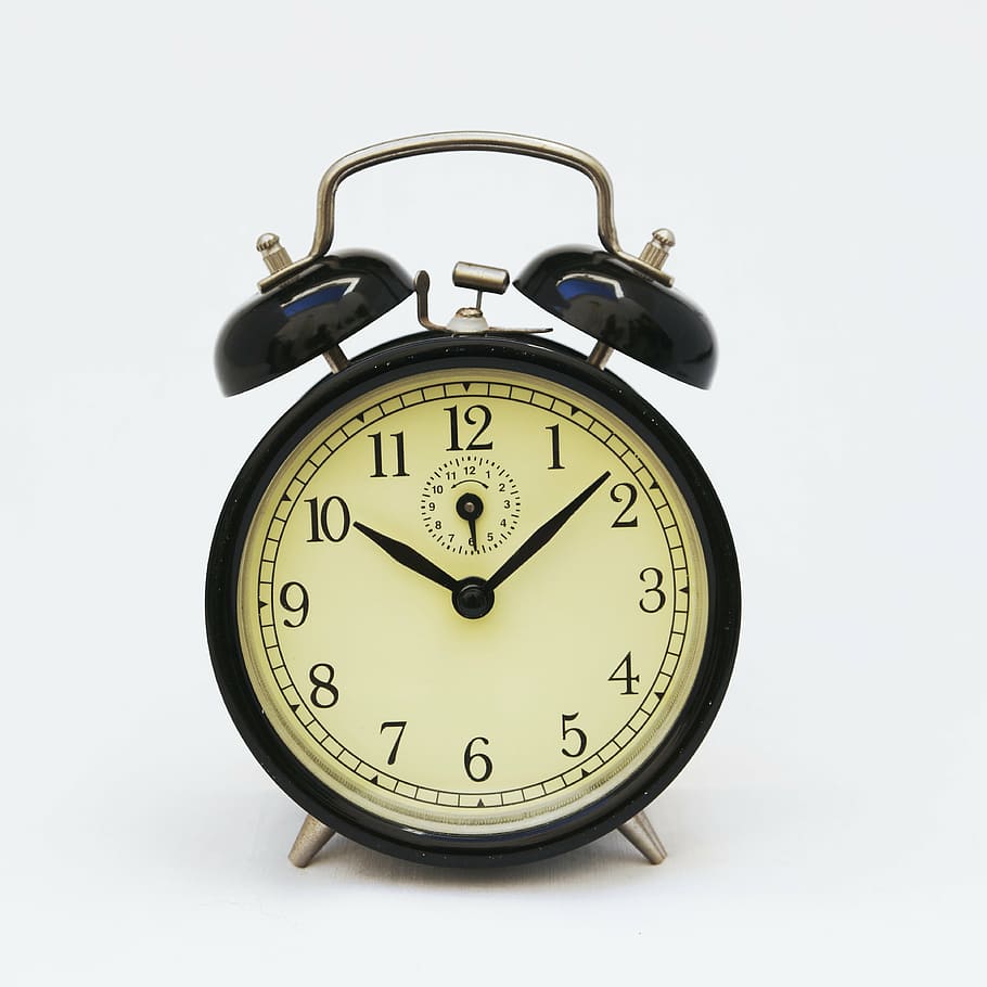 twin bell alarm clock at 10:08, time, hours, yellow, minutes HD wallpaper