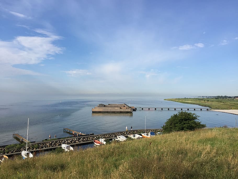 dragør, baths, danish summer, water, sky, sea, grass, transportation HD wallpaper