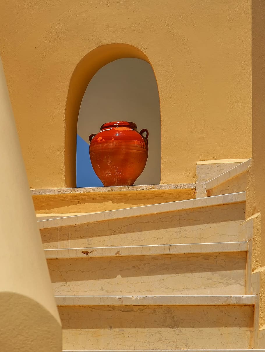 orange ceramic vase, building, stairs, stone, stone wall, krug, HD wallpaper