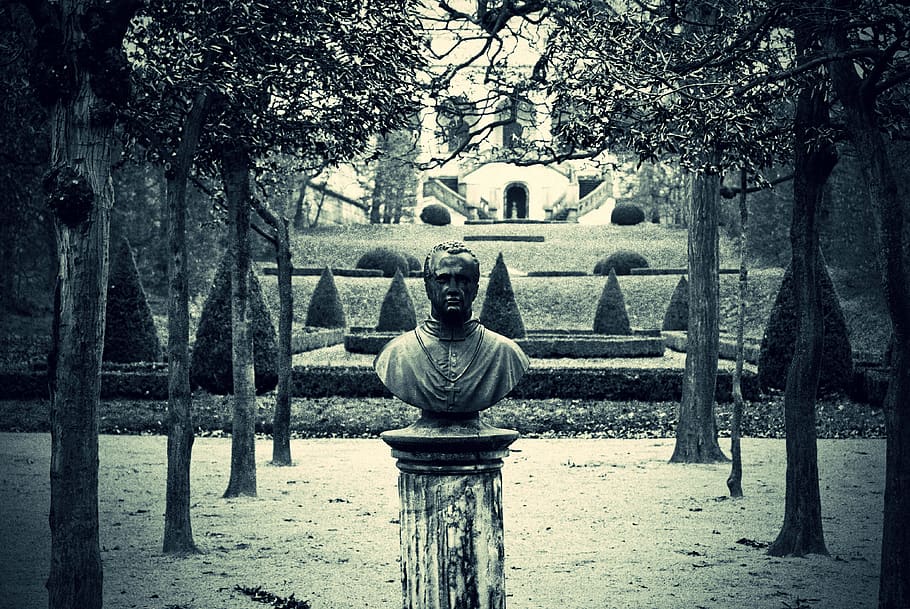 trees, statue, garden, monument, sculpture, plant, water, representation HD wallpaper