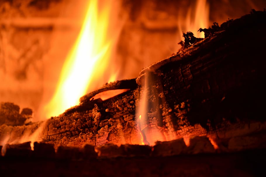 logs, embers, glowing, fire, night, orange, heat, burning, hot HD wallpaper