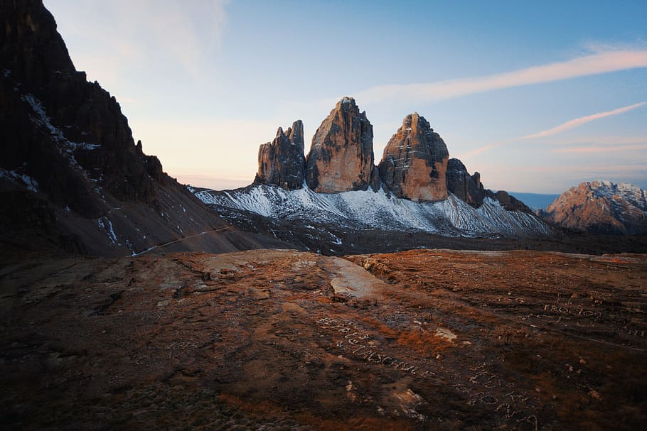 Mountains, Clear, Alps, Rock, sky, stones, snow, sunset, nature HD wallpaper