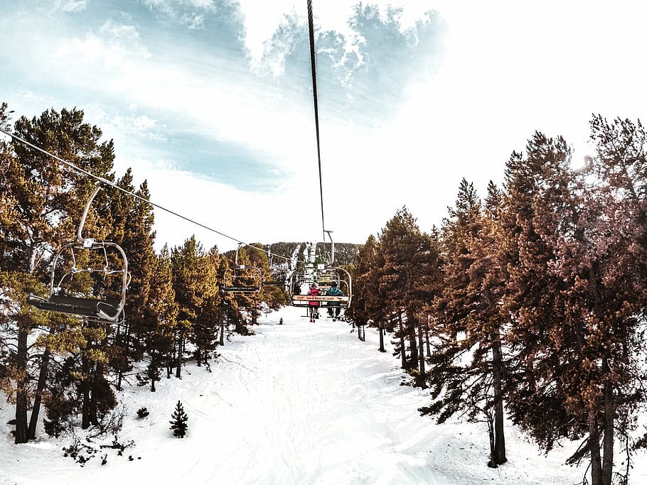 two people on ski lift near trees, cablecar, winter, holiday HD wallpaper