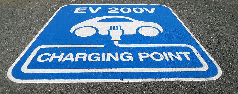 blue and white EV 200V charging point road sign, Electrical, Charging, Point