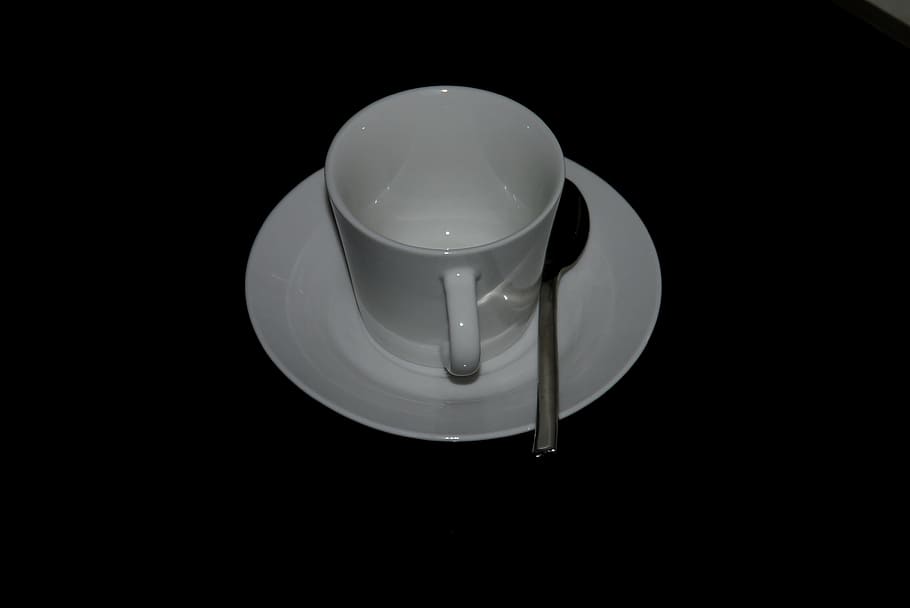 Coffee, Cup, Cover, Spoon, Saucer, black, white, black background HD wallpaper