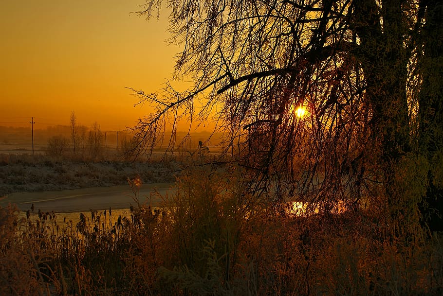 river, winter, sunset, landscape, frozen river, fairy-tale winter HD wallpaper