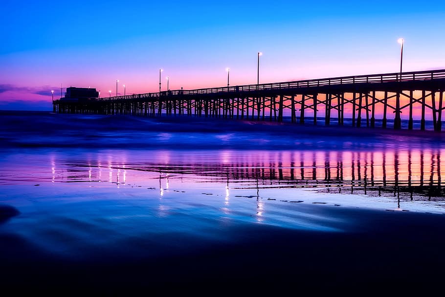 sea, sky, beach, lights, architecture, bay, bridge, clouds, dock HD wallpaper