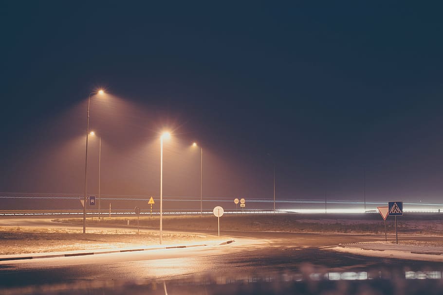 lights, night, roads, snow, street lights, winter, highway HD wallpaper