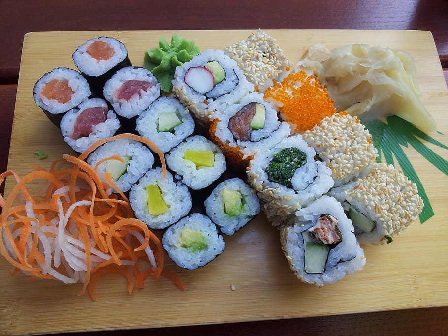 assorted sushi rolls, asia, rice, fish, food, sea, wellbeing HD wallpaper