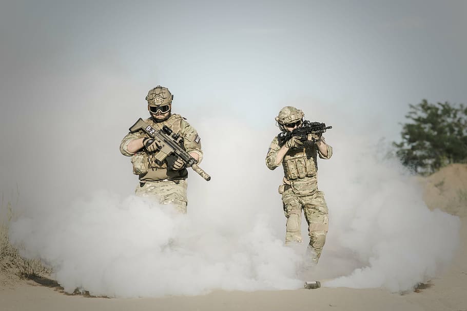 men wearing military uniform holding assault rifle during daytime, HD wallpaper