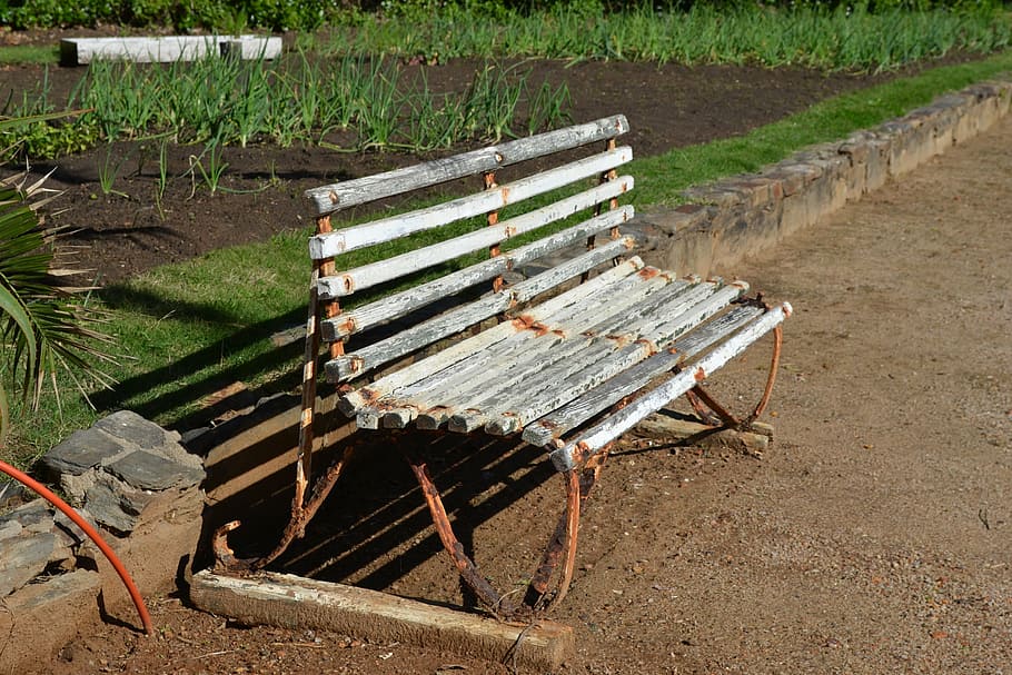 rusty, old, bench, field, wood - material, day, land, nature HD wallpaper