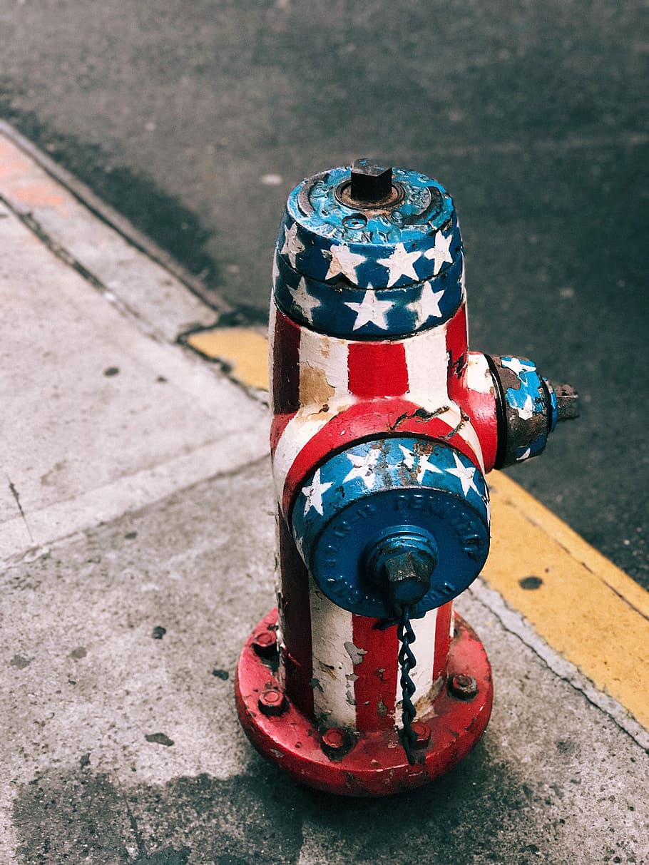 multicolored American flag painted fire hydrant at daytime, white, red, and, white fire hydrant HD wallpaper