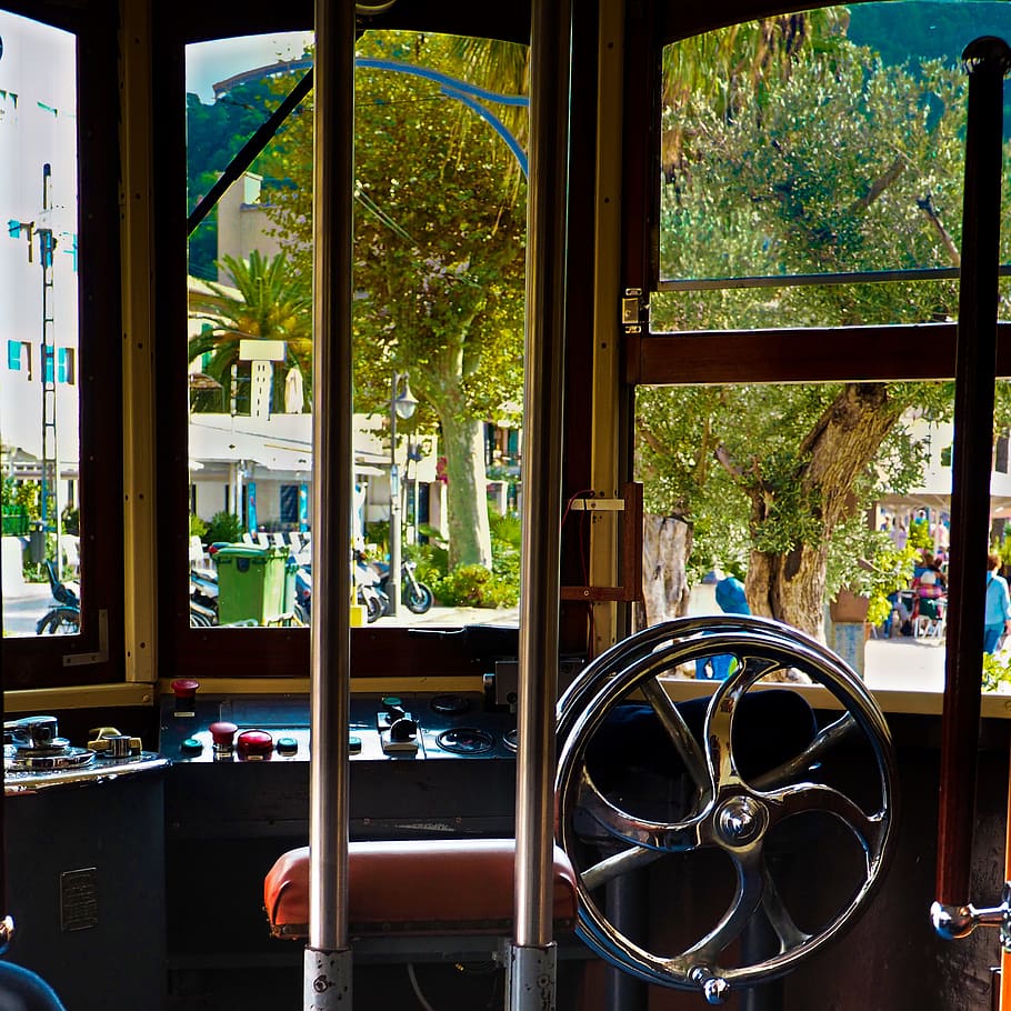 window, within, house, tram, sóller, mallorca, transparent HD wallpaper