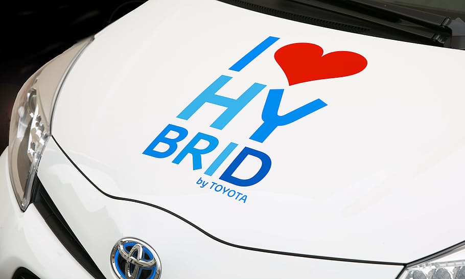 white Toyota Auris with I love HY Brid text on hood, hybrid, hybrid vehicle, HD wallpaper