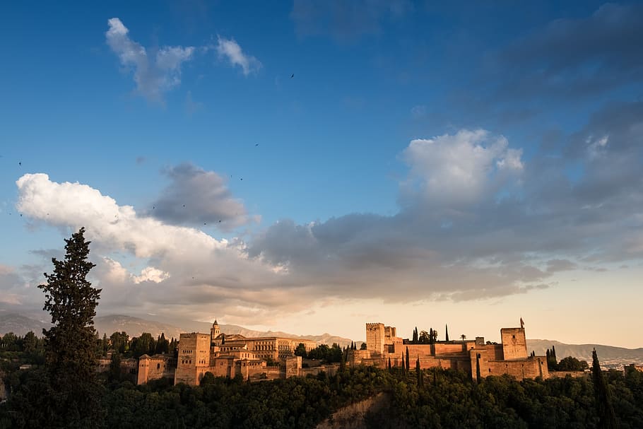 Alhambra, Granada, Sunset, sky, andalusia, monument, spain, HD wallpaper