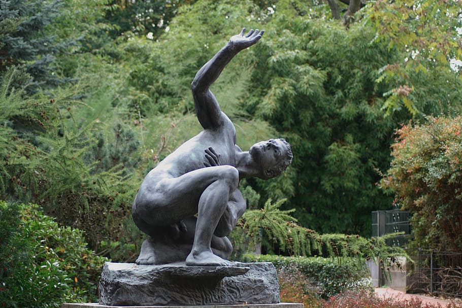 statue, figure, bronze, plant, tree, nature, sculpture, no people HD wallpaper