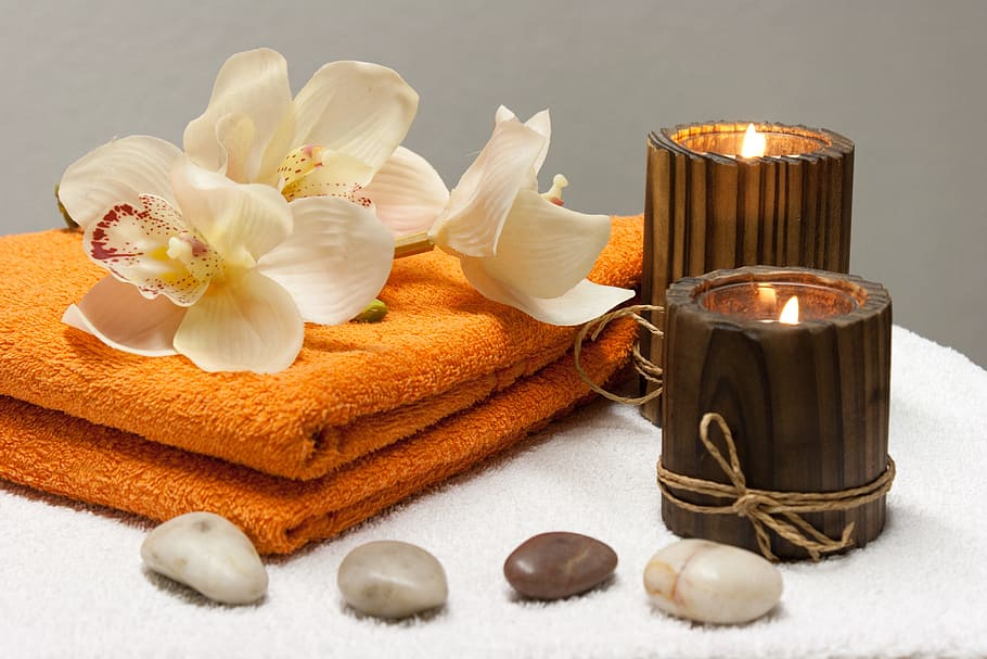 two brown wooden candle holder near orange blanket, wellness, HD wallpaper