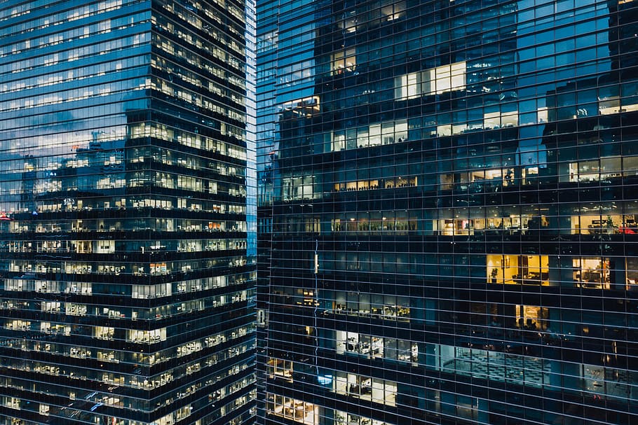 photo of window wall building, black buildings at night, architecture HD wallpaper