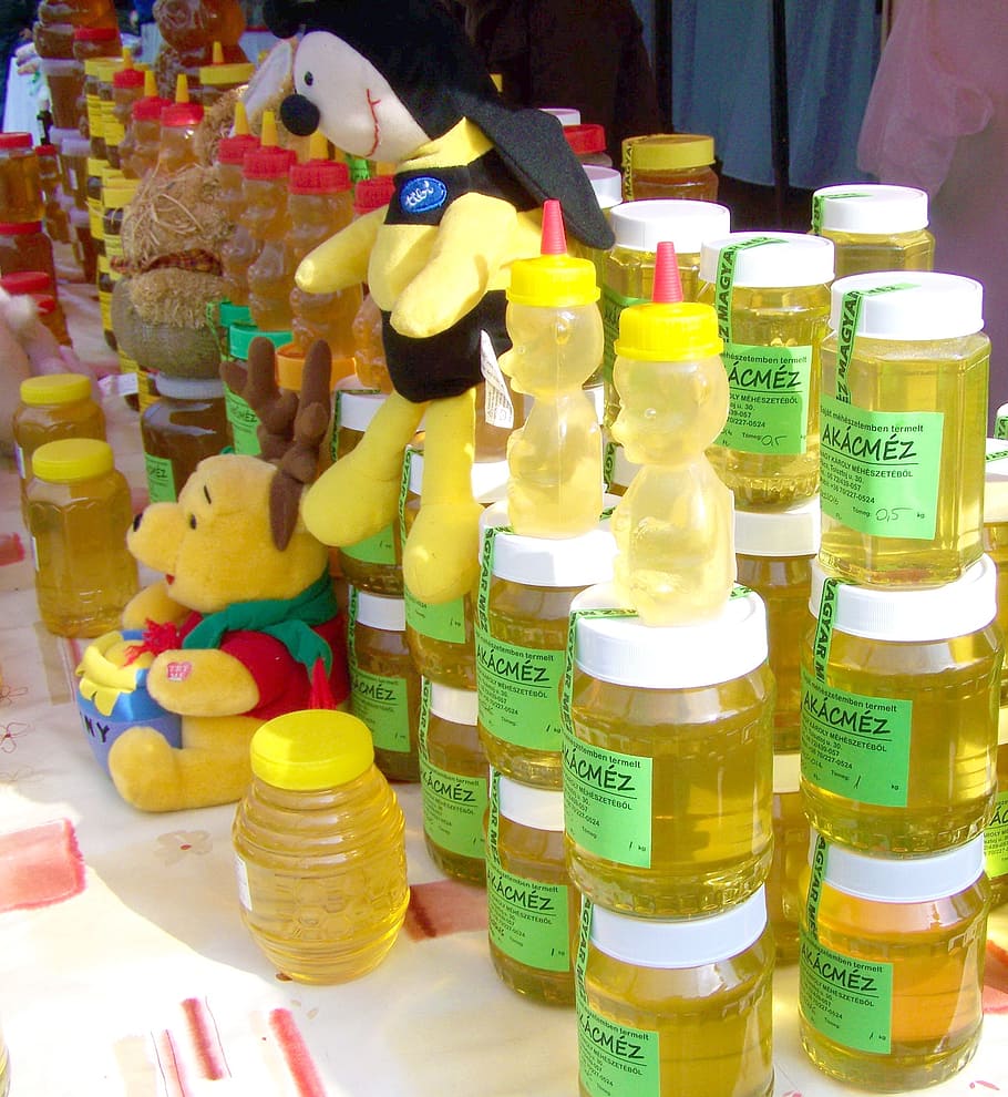 acacia, hungarian honey, hungaricum, container, bottle, multi colored, HD wallpaper
