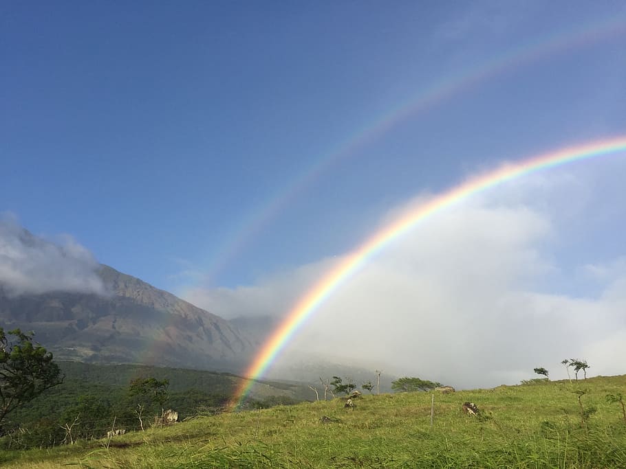 rainbow, blue sky, summer, landscape, countryside, storm, outdoor HD wallpaper