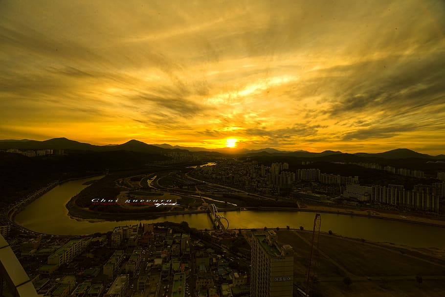 sunset, river, sky, transportation, cloud - sky, high angle view HD wallpaper