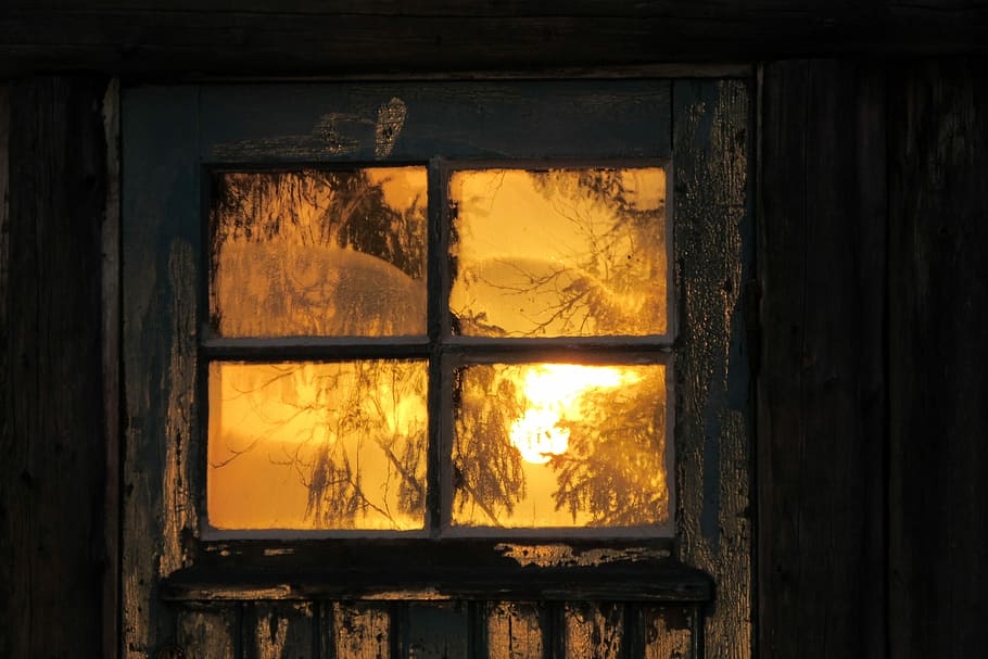Door, Mirror, Sunrise, Window, see, wooden house, sunset, indoors HD wallpaper