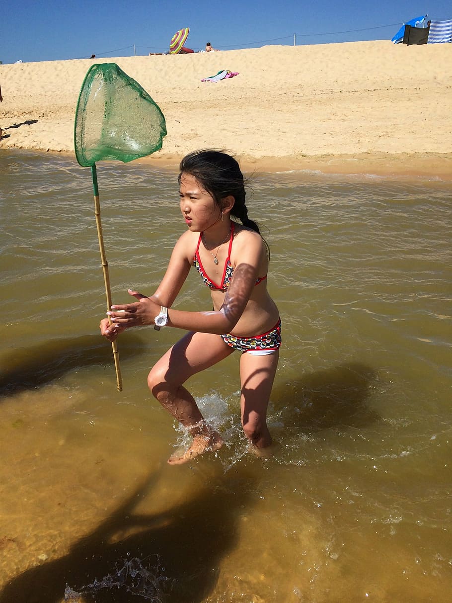 landing net, just, beach, fish, catch, child, river, summer HD wallpaper