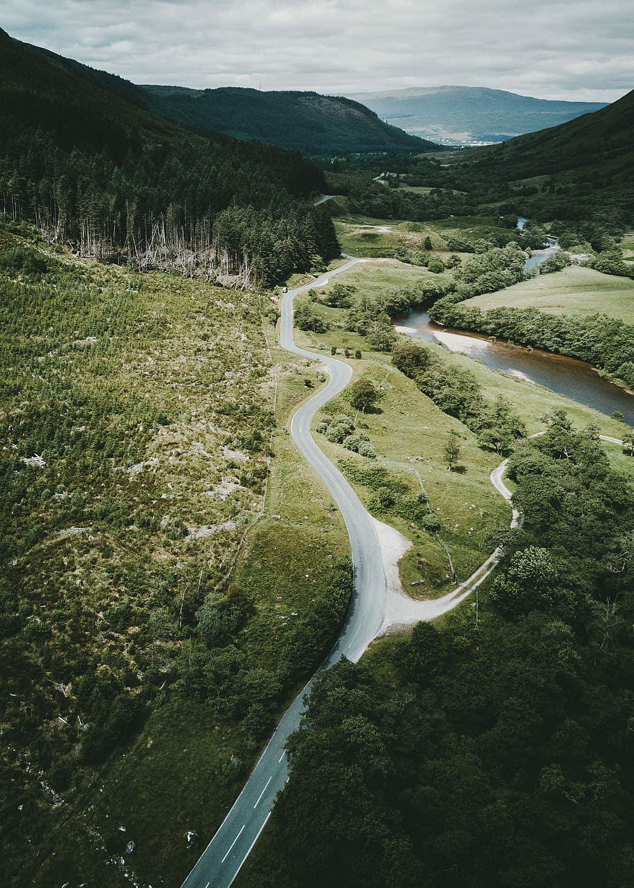 Glen Nevis, bird's eye view of mountain, track, road, lake, river, HD wallpaper