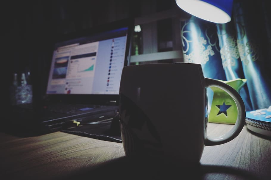Black Ceramic Mug Near Black Laptop, blur, coffee, cup, desk HD wallpaper