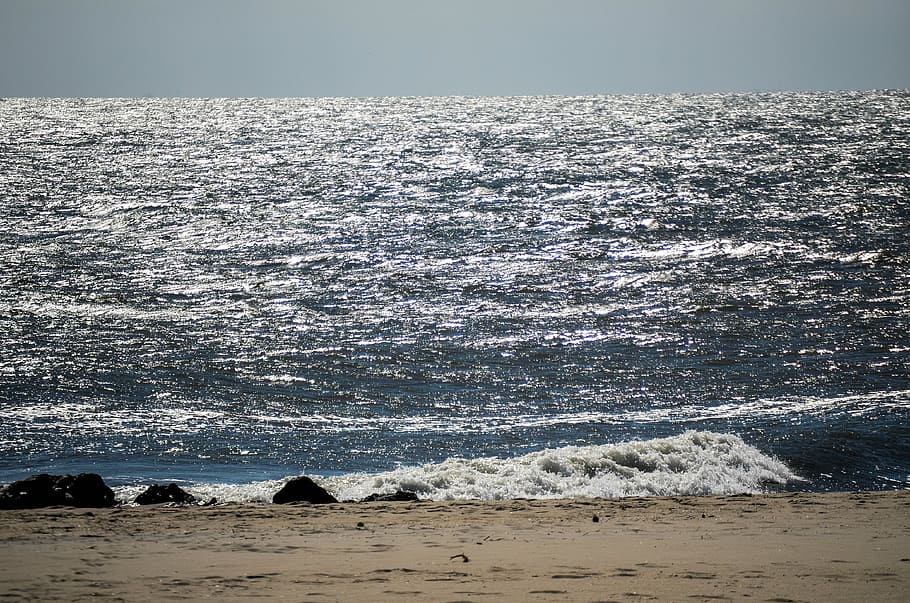 ocean, sand, waves, sea, water, beach, land, motion, beauty in nature HD wallpaper